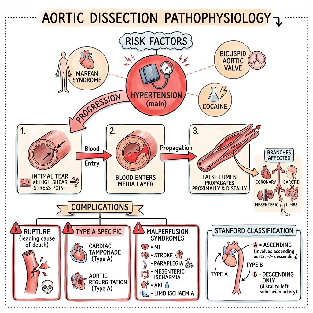 Aortic Dissection Pathophysiology - showing intimal tear progression, false lumen formation, and malperfusion complications